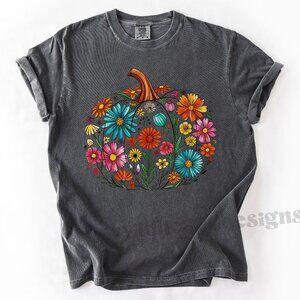 Floral Fall Pumpkin Comfort Colors T-shirt - Pepper